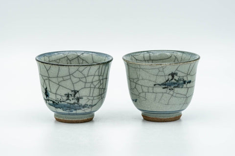 Tezumi — Japanese Teacups - Pair of Celadon Village Obori Soma-yaki Yunomi - 80ml — front view from another angle