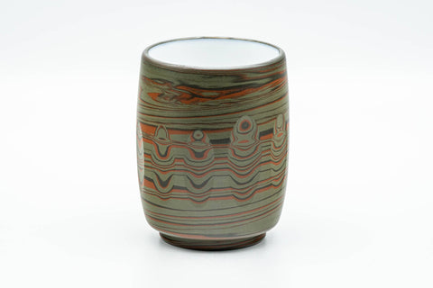 Tezumi — Japanese Teacup - 雲仙窯 Unzen Kiln - Carved Nerikomi Tokoname-yaki Yunomi - 170ml — front view from another angle