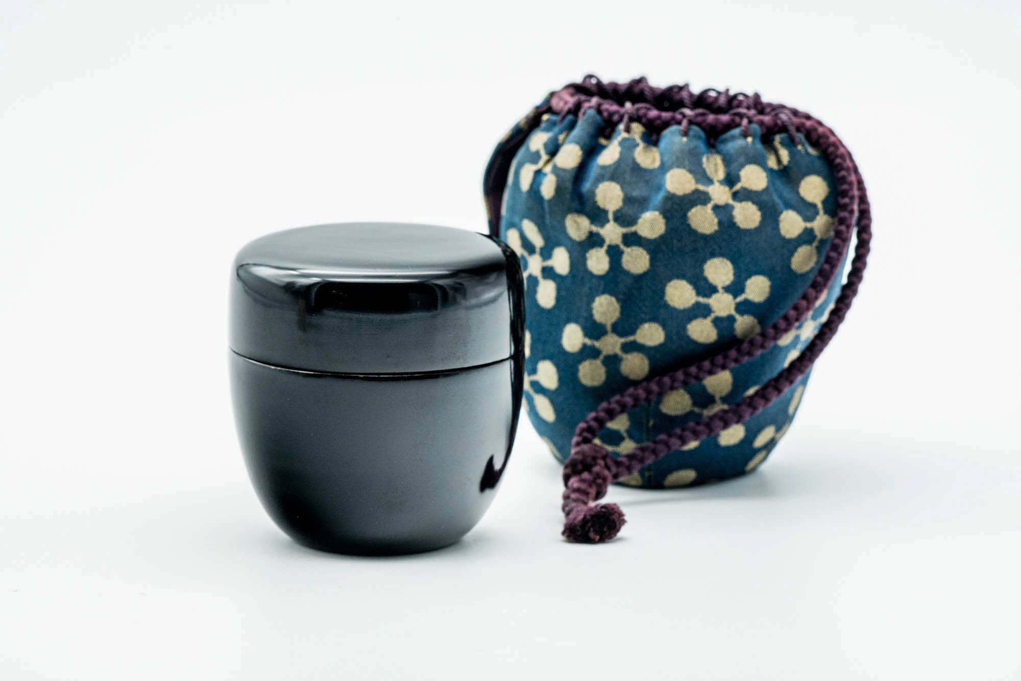 Japanese Natsume - Small Black Urushi Lacquer Tea Caddy with Shifuku Silk Pouch - 40ml