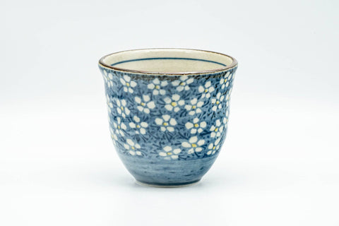 Tezumi — Japanese Teacup - Blue and White Floral Patterned Yunomi - 175ml — front view from another angle