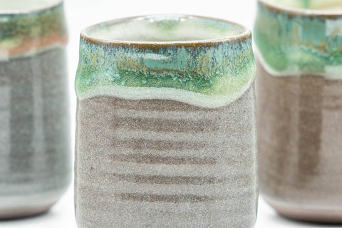 Tezumi — Japanese Teacup - Set of 3 Triangular-Shaped Green Drip-Glazed Yunomi - 90ml — top-down view of the interior