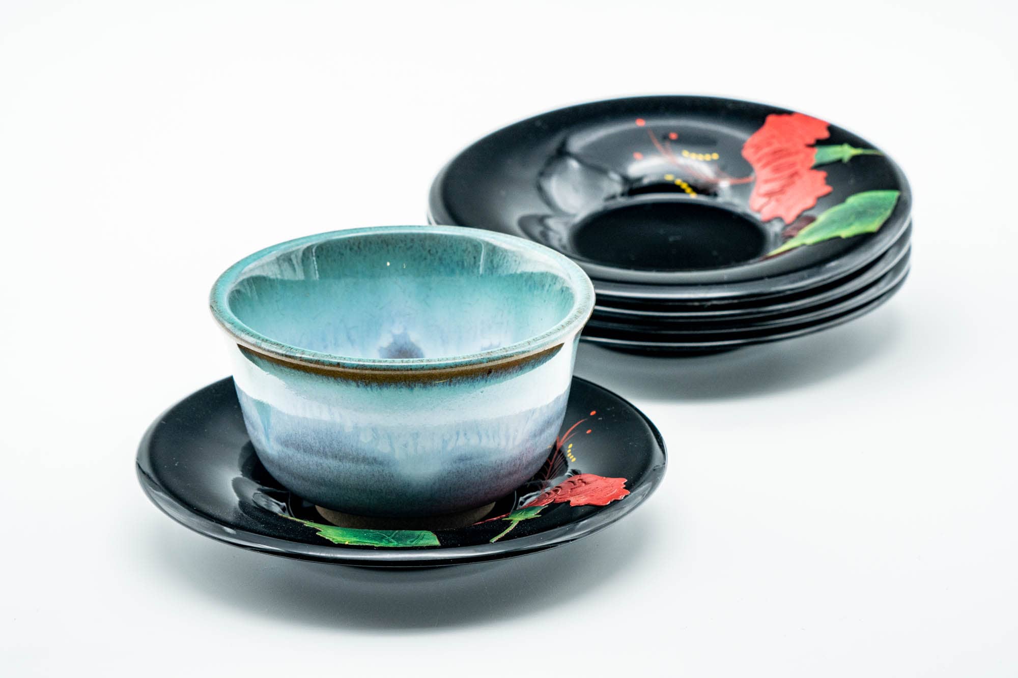 Japanese Chataku - Set of 5 Floral Black Lacquer Tea Saucers