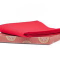 7号 Red Silk Shioze Fukusa - folded red silk fukusa resting on its patterned box