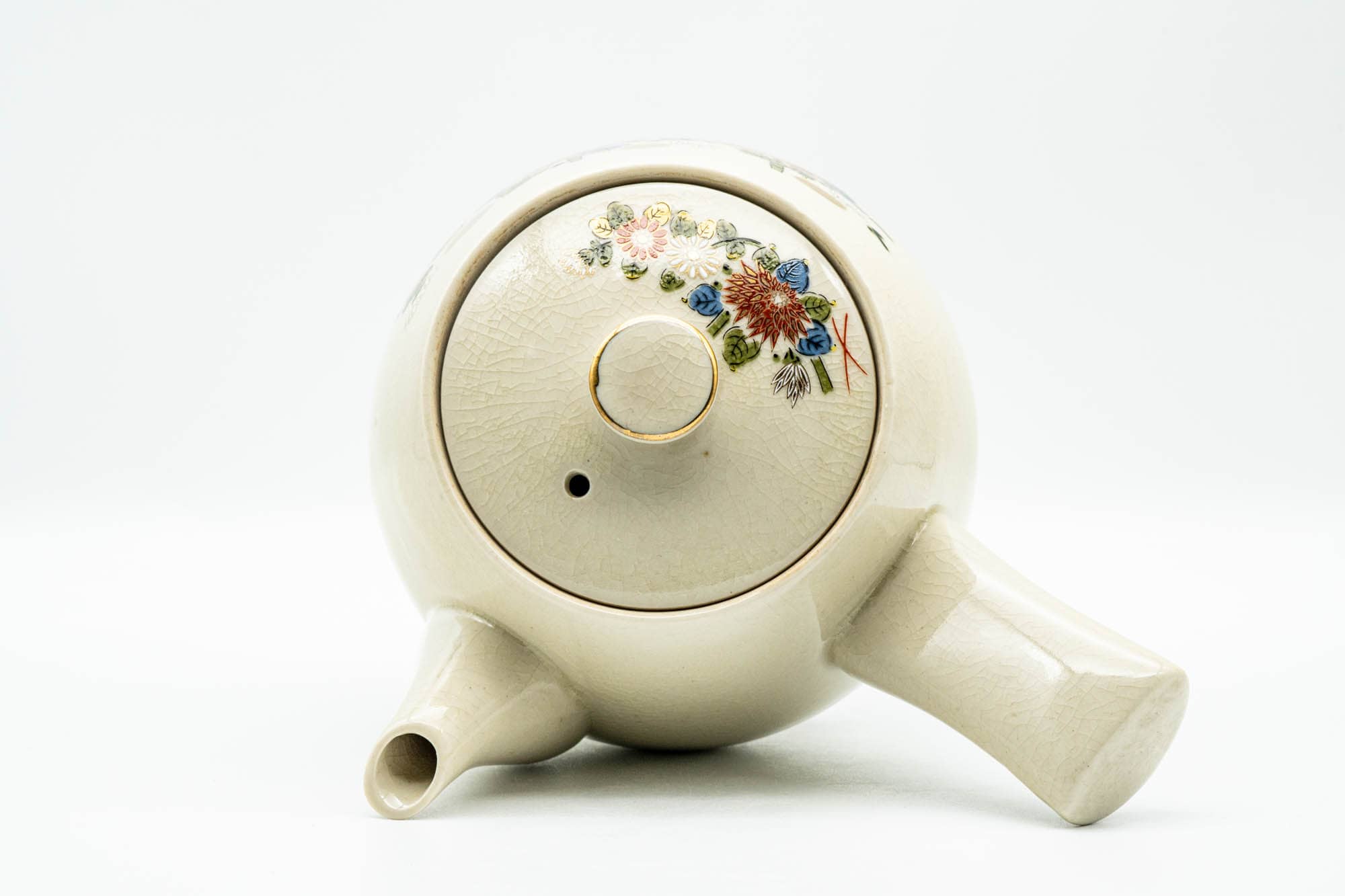 Japanese Kyusu - Beige Porcelain Red Floral Kutani-yaki Debeso Teapot - 500ml