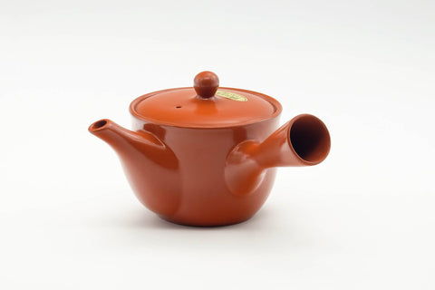 Tezumi — Japanese Kyusu - Painted Plum Blossom Tokoname-yaki Mesh Filter Teapot - 200ml — side view showing the spout