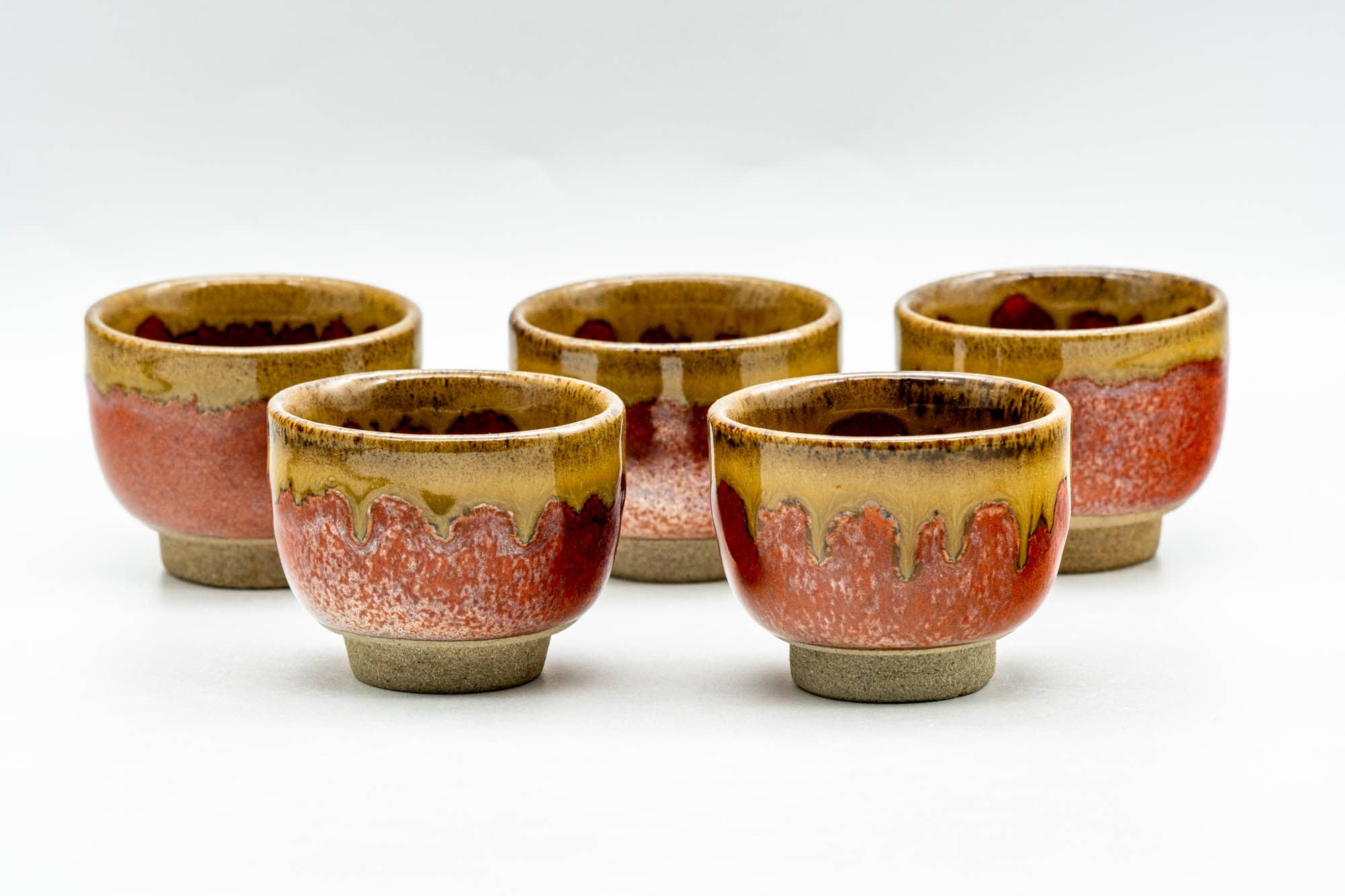 Japanese Teacups - Set of 5 Red Brown Drip-Glazed Guinomi - 35ml