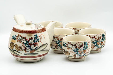 Japanese Tea Set - Gold Red Floral Kutani-yaki Kyusu Teapot with 5 Yunomi Teacups - full set with teapot and five cups