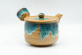 Japanese Tea Set - Agano-yaki Blue Drip-Glazed Do-ake Kyusu Teapot with 2 Yunomi Teacups - teapot front view with the spout