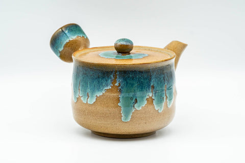Japanese Tea Set - Agano-yaki Blue Drip-Glazed Do-ake Kyusu Teapot with 2 Yunomi Teacups - teapot front view with the spout