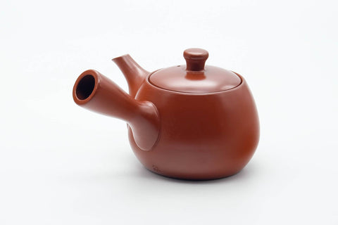 Tezumi — Japanese Kyusu - Smooth Unglazed Dark Red Shudei Tokoname-yaki Mesh Filter Teapot - 290ml — side view showing the spout