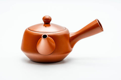 Japanese Kyusu - Calligraphy Engraved Red Shudei Tokoname-yaki Teapot - 350ml - rear three-quarter view with the side handle extended