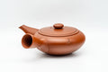 Tezumi — Japanese Kyusu - Calligraphy Engraved Red Shudei Tokoname-yaki Debeso Teapot - 140ml — three-quarter view from the opposite side