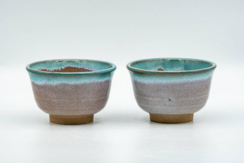 Tezumi — Japanese Teacups - Pair of Brown Turquoise Drip-Glazed Agano-yaki Yunomi - 100ml — three-quarter view
