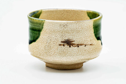 Japanese Matcha Bowl - Beige Green Glazed Oribe-yaki Chawan - 350ml