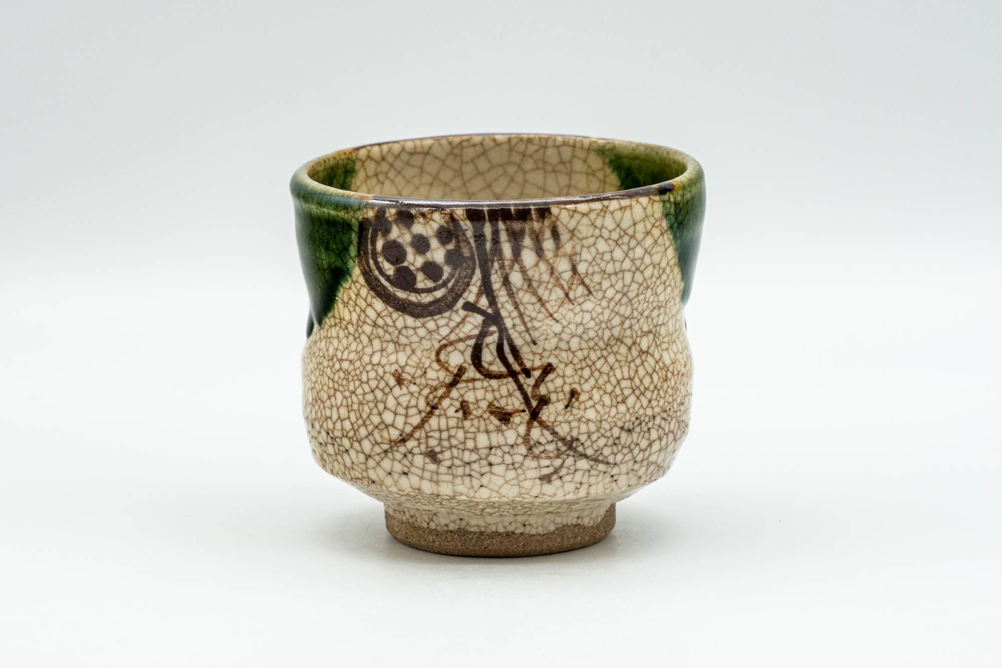 Japanese Teacup - Crazed Green Drip-Glazed Geometric Oribe-yaki Yunomi - 110ml