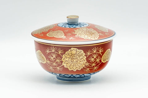 Japanese Teacup - Red, Blue, and Gold Floral Geometric Arita-yaki Lidded Yunomi - 160ml - front view with the lid on