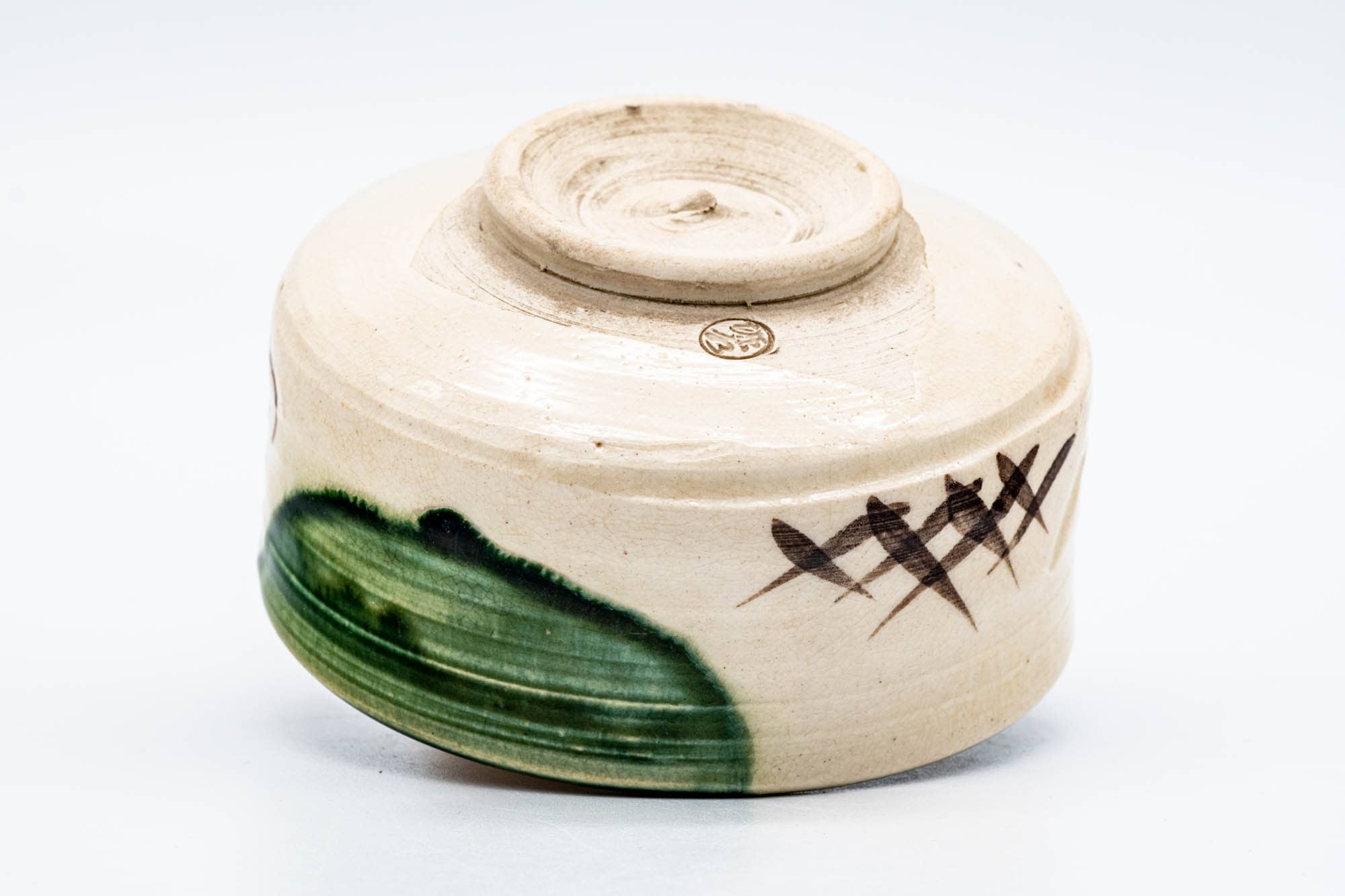 Japanese Matcha Bowl - Beige Green Gourd Oribe-yaki Chawan - 400ml