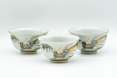 Japanese Tea Set - Bamboo Peacock Kutani-yaki Debeso Kyusu Teapot with 3 Yunomi Teacups - 430ml