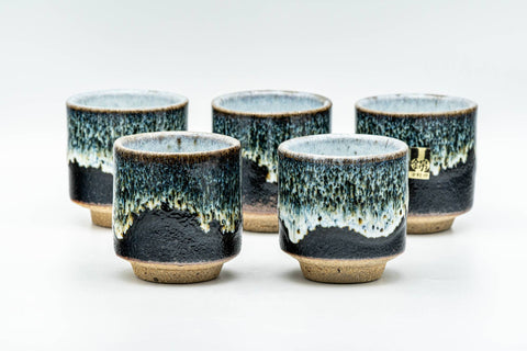 Tezumi — Japanese Teacups - Set of 5 Jet Black Blue Drip-Glazed Yunomi - 80ml — front view
