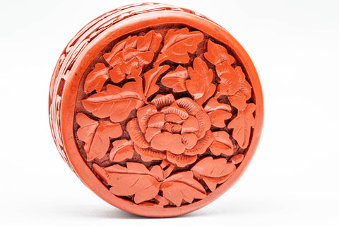 Japanese Kogo - Carved Camellia Red Black Lacquer Incense Container