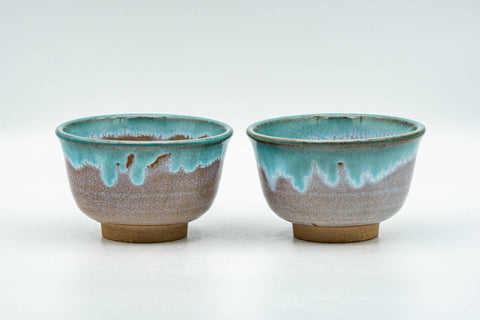 Tezumi — Japanese Teacups - Pair of Brown Turquoise Drip-Glazed Agano-yaki Yunomi - 100ml — front view