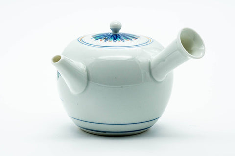Japanese Kyusu - Blue Floral Porcelain Arita-yaki Ceramic Filter Teapot - 275ml - side profile with the spout to the left