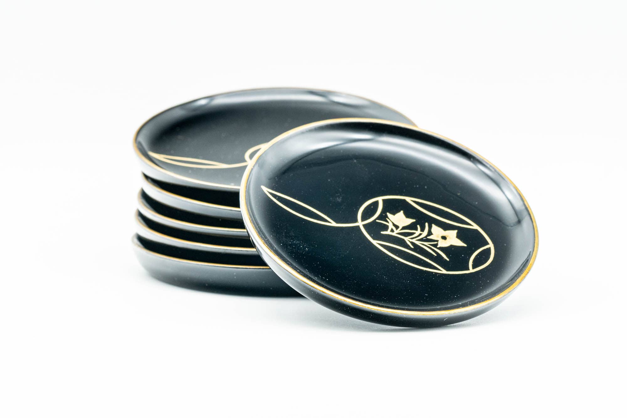 Japanese Chataku - Set of 6 Black Lacquer Tea Saucers in Caddy and Wooden Box