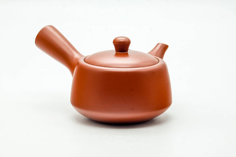 Japanese Kyusu - Smooth Red Shudei Tokoname-yaki Ceramic Filter Teapot - 300ml - rear three-quarter view with the side handle extended