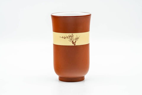 Tezumi — Japanese Teacup - 秋景 Shūkei - Tall Plum Blossoms Yellow Striped Tokoname-yaki Yunomi - 140ml — front view