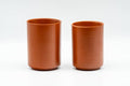 Japanese Teacups - Pair of Bamboo Engraved Tokoname-yaki Meoto Yunomi - the pair of teacups viewed from behind