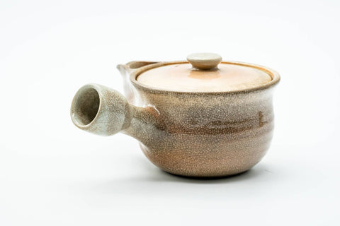 Japanese Kyusu - Weathered Beige Glazed Hagi-yaki Ceramic Filter Teapot - 240ml - side profile with the spout to the left