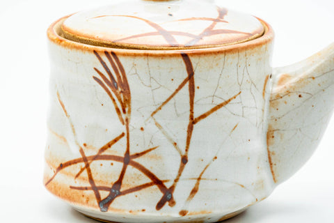 Close-up of the rust-orange brushed grass-and-floral design on the teapot body.