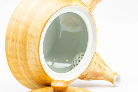 Japanese Tea Set - Yellow Blue Floral White Inner-Glazed Arita-yaki Kyusu Teapot with Katakuchi Water Cooler and 5 Yunomi Teacups