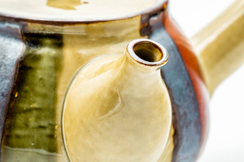 Japanese Kyusu - Beige Colourfully Striped Ceramic Filter Teapot - 400ml - closeup of the open mouth and rim with the lid removed