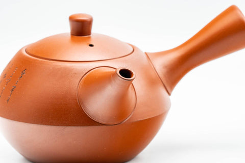 Tezumi — Japanese Kyusu - Calligraphy Engraved Tokoname-yaki Debeso Teapot - 280ml — closeup of the decoration