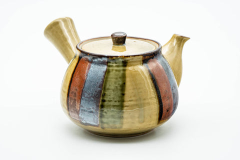 Japanese Kyusu - Beige Colourfully Striped Ceramic Filter Teapot - 400ml - three-quarter view from the right showing the vertical multicolour stripes, lid on