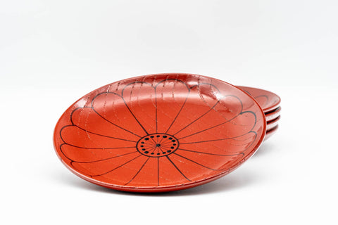 Japanese Chataku - Set of 5 Red Dyed Geometric Patterned Wood Tea Saucers with Wooden Box