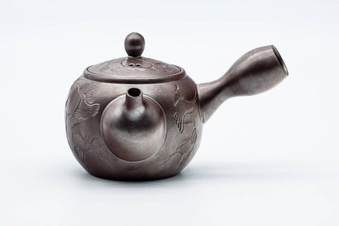 Tezumi — Japanese Kyusu - Engraved Birds Banko-yaki Ceramic Teapot - 150ml — three-quarter view from the opposite side