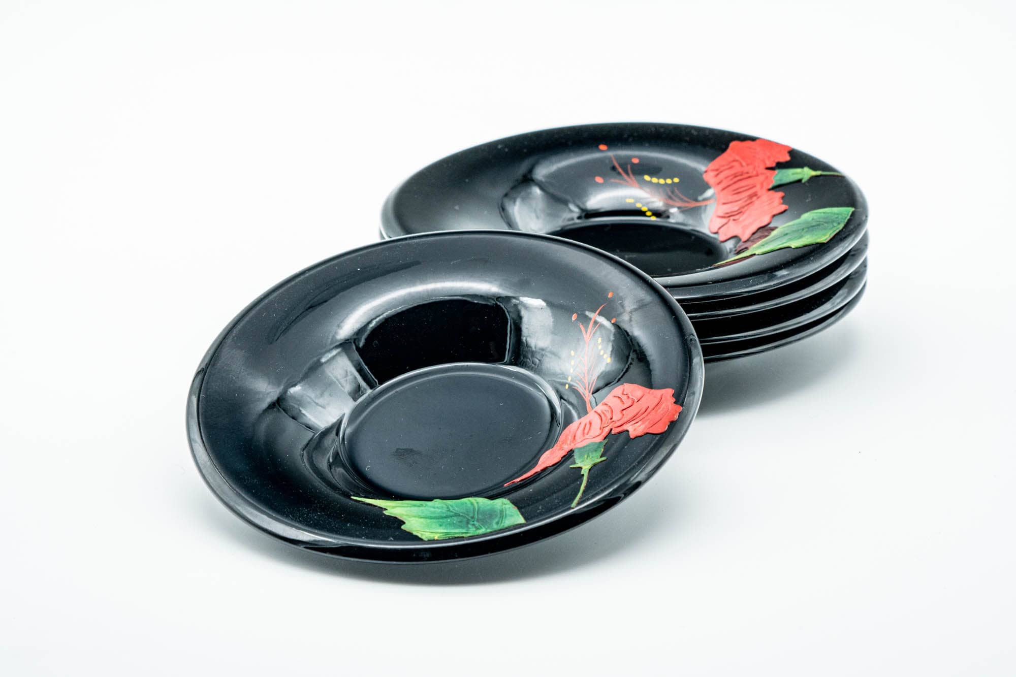 Japanese Chataku - Set of 5 Floral Black Lacquer Tea Saucers