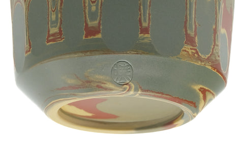 Tezumi — Japanese Teacup - Faceted Green Yellow Red Nerikomi Yunomi - 110ml — inverted showing the foot ring