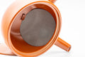 Japanese Kyusu - Spiraling Red Shudei Tokoname-yaki Mesh Teapot - 250ml - closeup of the interior showing the mesh filter