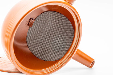 Japanese Kyusu - Spiraling Red Shudei Tokoname-yaki Mesh Teapot - 250ml - closeup of the interior showing the mesh filter