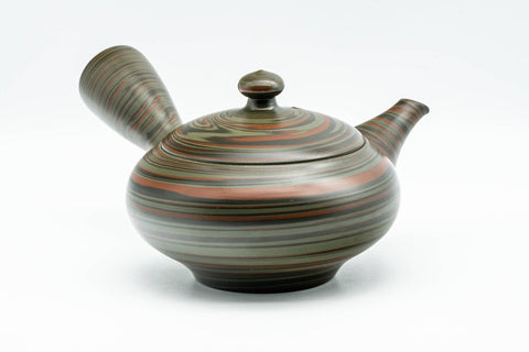 Tezumi — Japanese Kyusu - 雲仙窯 Unzen Kiln - Green Nerikomi Tokoname-yaki Debeso Teapot - 270ml — three-quarter view from the opposite side