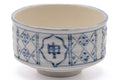 Tezumi — Japanese Matcha Bowl - White Blue Geometric Hantsutsu-gata Chawan - 400ml — inverted showing the foot ring