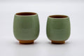 Tezumi — Japanese Teacups - Pair of Floral Green Celadon Floral Meoto Yunomi — front view from another angle