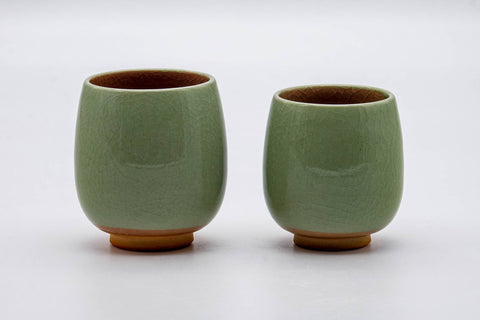 Tezumi — Japanese Teacups - Pair of Floral Green Celadon Floral Meoto Yunomi — front view from another angle