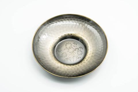 Japanese Chataku - Set of 5 Hammered Brass Uniquely Engraved Tea Saucers with Chasaji Tea Scoop in Wooden Box