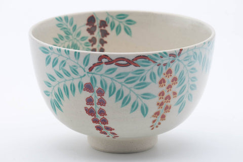 Japanese Matcha Bowl - Green Red Floral Kyo-yaki Chawan - 400ml