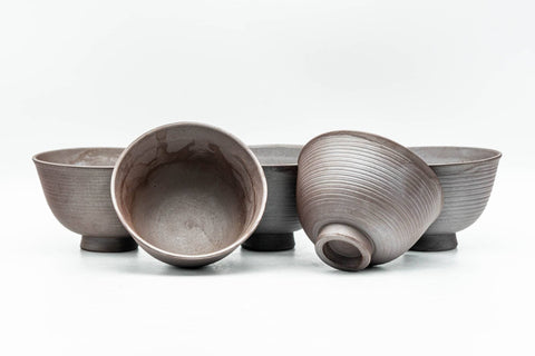 Japanese Teacups - Set of 5 Spiraling Banko-yaki Guinomi - 55ml - the five cups with one inverted to show the base