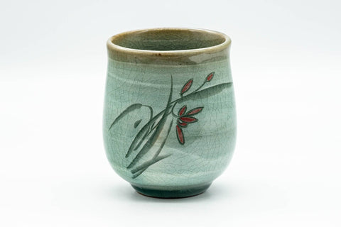 Japanese Teacup - Floral Green Celadon Glazed Yunomi - 180ml - front view showing the incised floral motif under the green celadon glaze